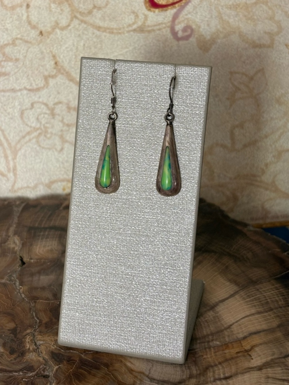 Sterling Silver and Green Enamel Teardrop Earrings